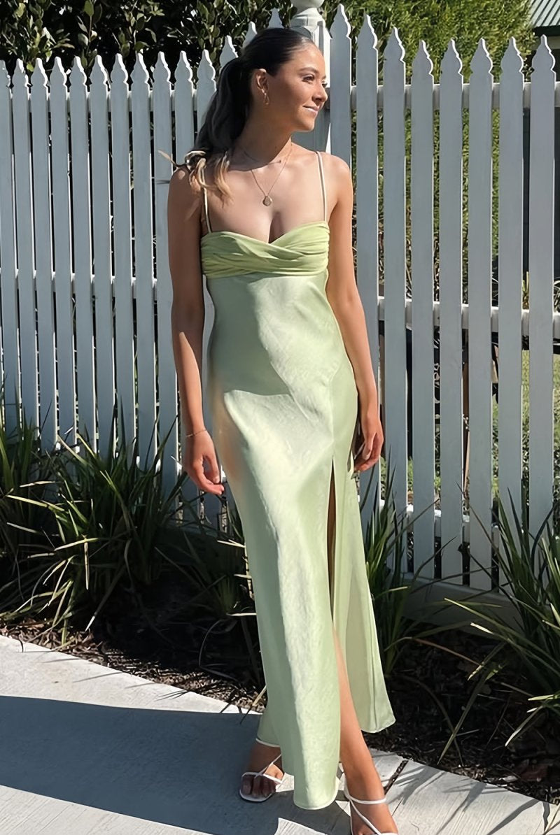 Juviera | Sage - Spaghetti Straps Sheath Satin Pleated Formal Prom Dresses With Slit - KissProm