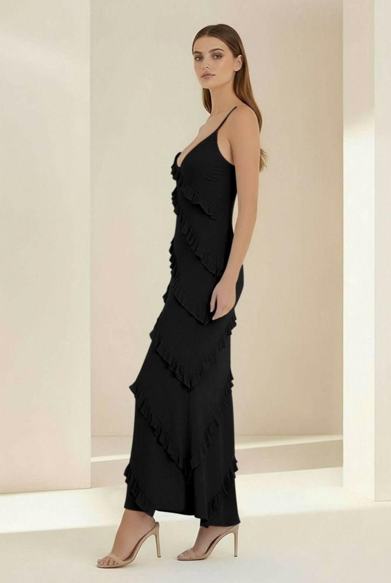 Kaelith | Sky Blue - Halter Sheath Satin Backless Long Formal Prom Dresses With Ruffles - KissProm