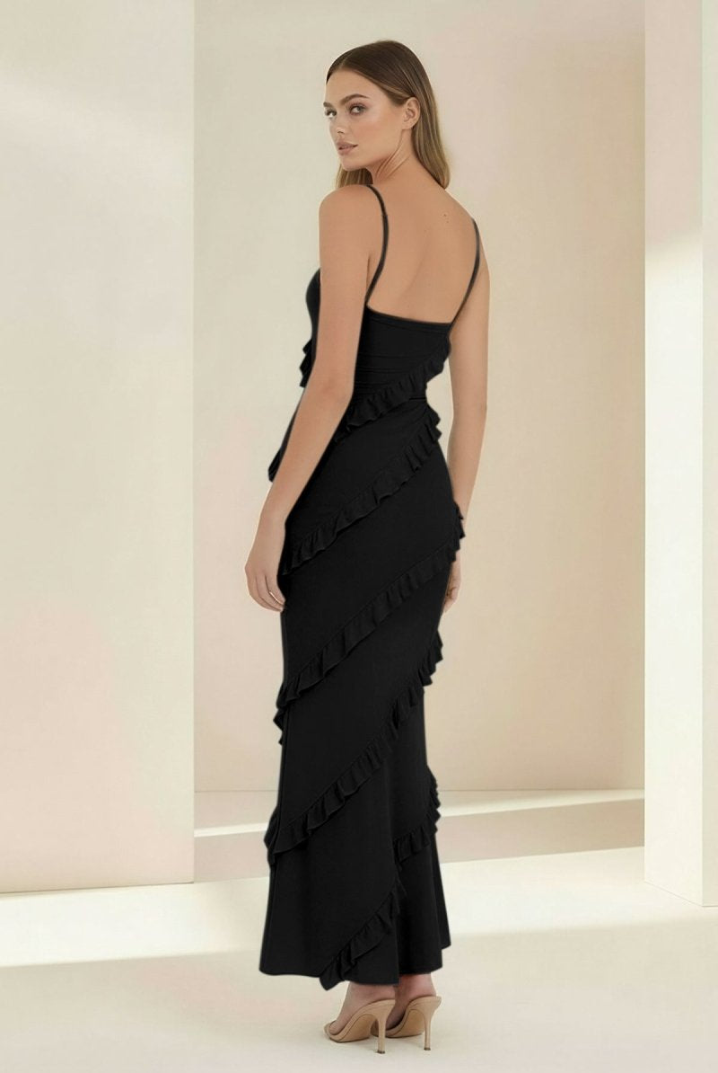 Kaelith | Sky Blue - Halter Sheath Satin Backless Long Formal Prom Dresses With Ruffles - KissProm