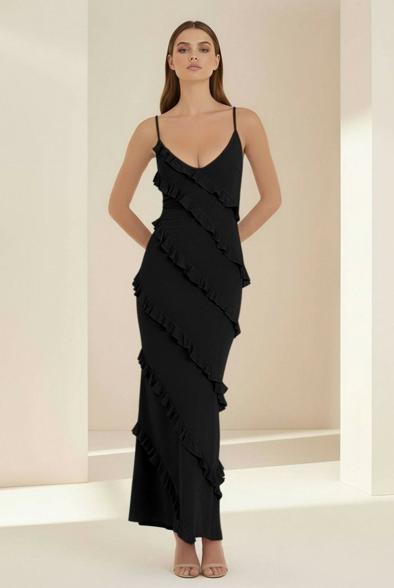 Kaelith | Sky Blue - Halter Sheath Satin Backless Long Formal Prom Dresses With Ruffles - KissProm