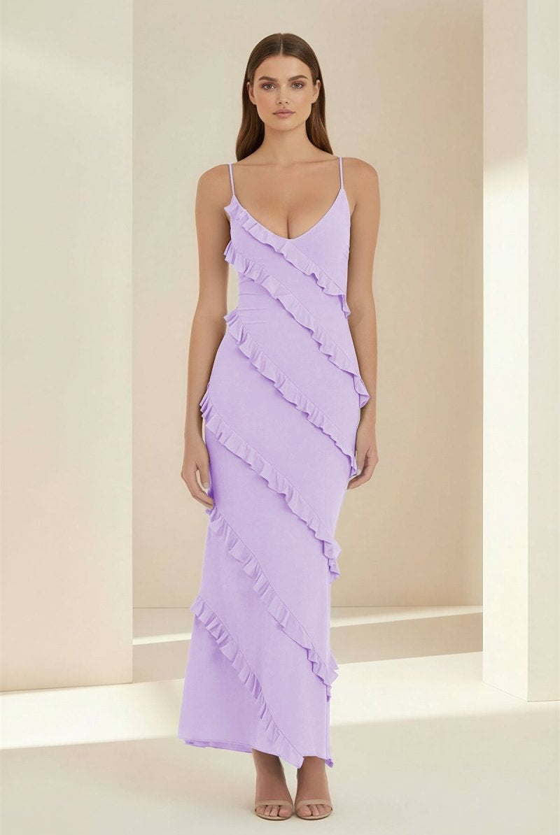 Kaelith | Sky Blue - Halter Sheath Satin Backless Long Formal Prom Dresses With Ruffles - KissProm