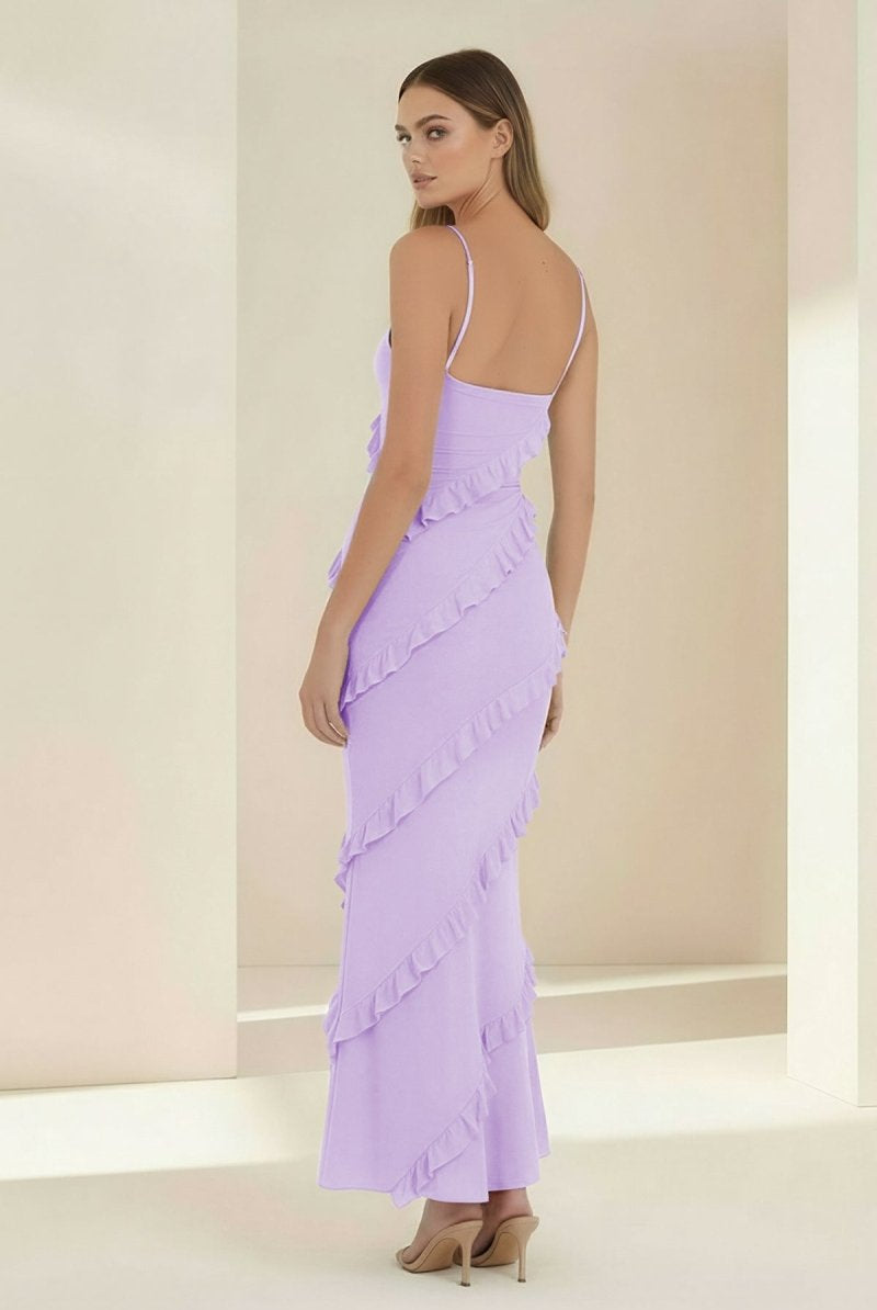 Kaelith | Sky Blue - Halter Sheath Satin Backless Long Formal Prom Dresses With Ruffles - KissProm