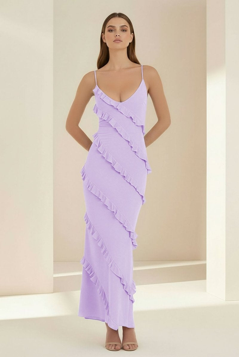 Kaelith | Sky Blue - Halter Sheath Satin Backless Long Formal Prom Dresses With Ruffles - KissProm