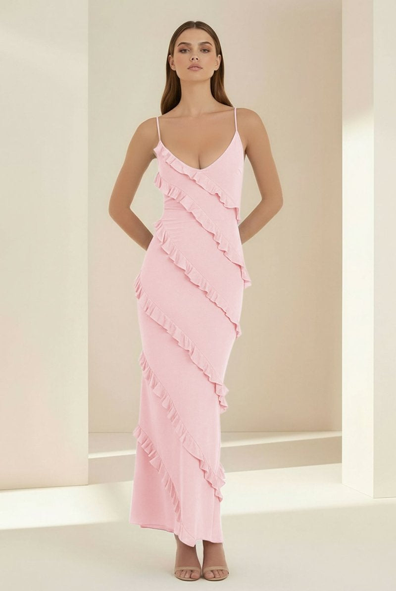 Kaelith | Sky Blue - Halter Sheath Satin Backless Long Formal Prom Dresses With Ruffles - KissProm