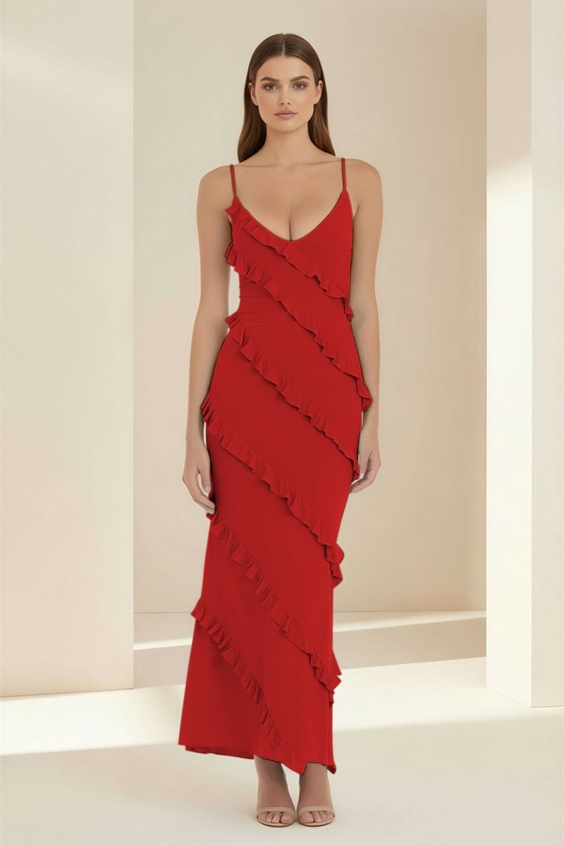 Kaelith | Sky Blue - Halter Sheath Satin Backless Long Formal Prom Dresses With Ruffles - KissProm