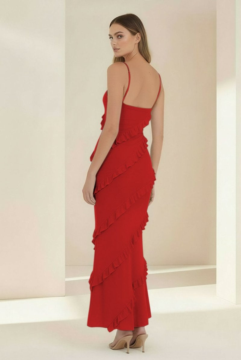 Kaelith | Sky Blue - Halter Sheath Satin Backless Long Formal Prom Dresses With Ruffles - KissProm