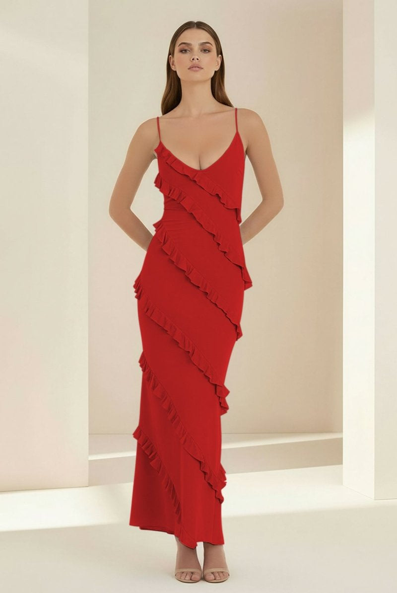 Kaelith | Sky Blue - Halter Sheath Satin Backless Long Formal Prom Dresses With Ruffles - KissProm