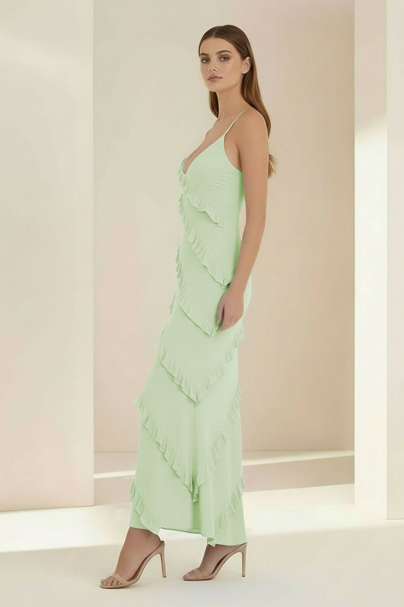 Kaelith | Sky Blue - Halter Sheath Satin Backless Long Formal Prom Dresses With Ruffles - KissProm