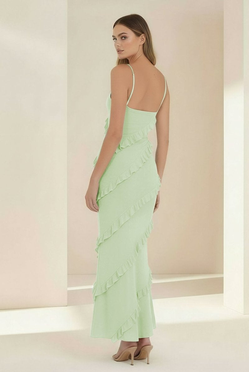 Kaelith | Sky Blue - Halter Sheath Satin Backless Long Formal Prom Dresses With Ruffles - KissProm