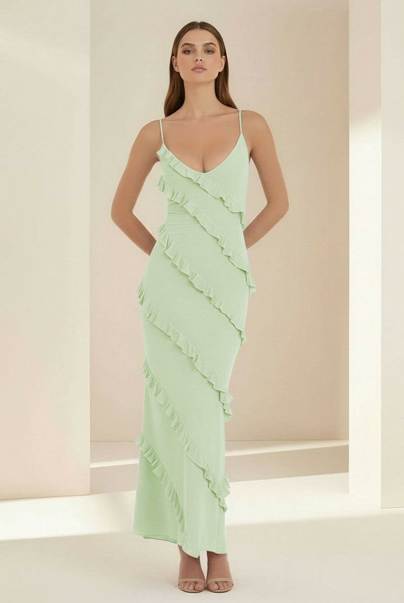 Kaelith | Sky Blue - Halter Sheath Satin Backless Long Formal Prom Dresses With Ruffles - KissProm