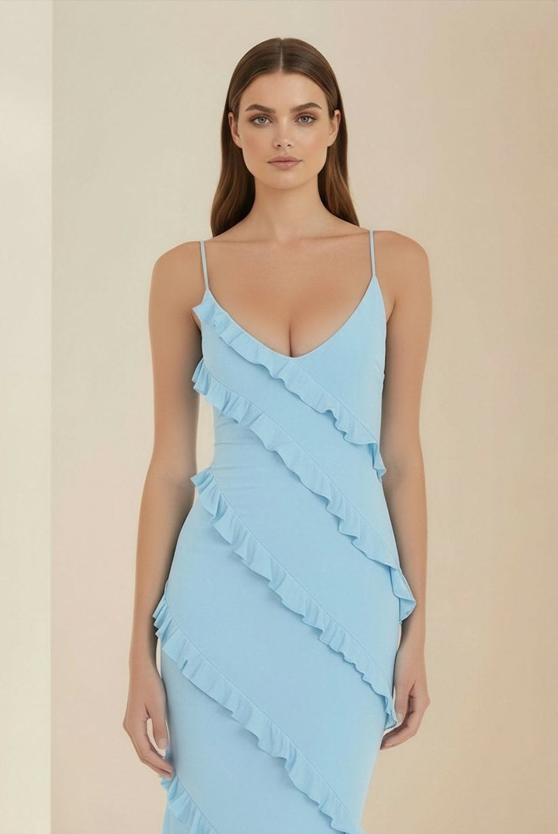 KissProm-Kaelith Sky Blue - Halter Sheath Satin Backless Long Formal Prom Dresses With Ruffles