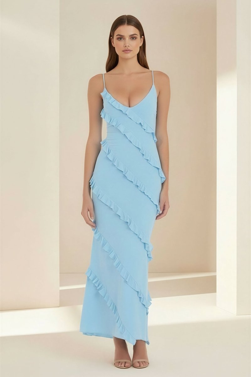 KissProm-Kaelith Sky Blue - Halter Sheath Satin Backless Long Formal Prom Dresses With Ruffles