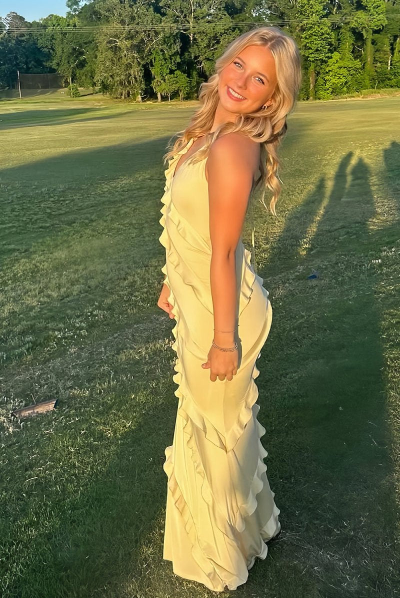 KissProm-Kaelith Yellow - Halter Sheath Satin Backless Long Formal Prom Dresses With Ruffles