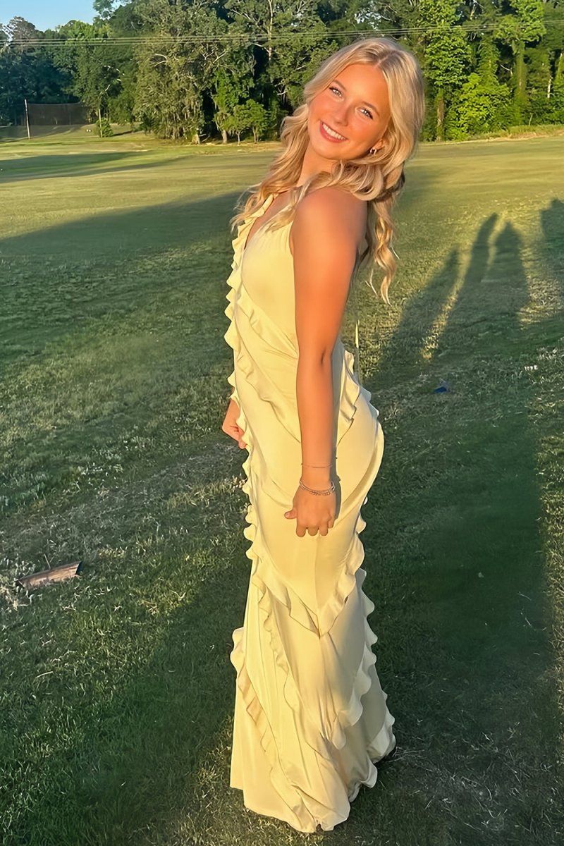 KissProm-Kaelith Yellow - Halter Sheath Satin Backless Long Formal Prom Dresses With Ruffles