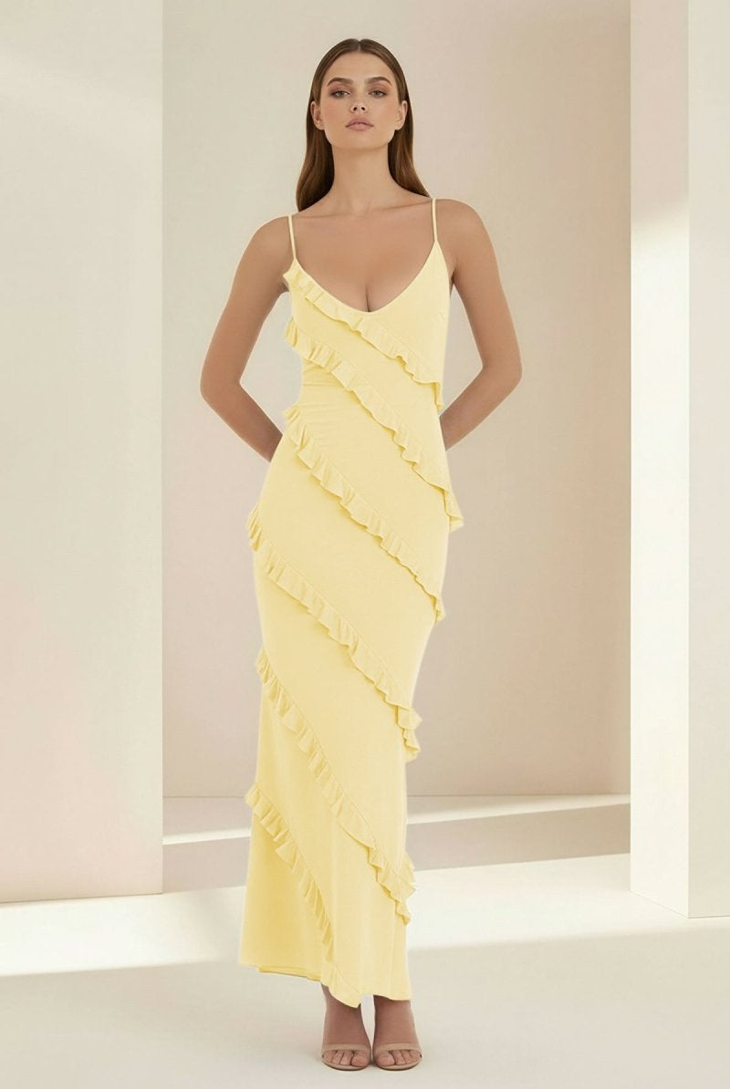 Kaelith | Sky Blue - Halter Sheath Satin Backless Long Formal Prom Dresses With Ruffles - KissProm