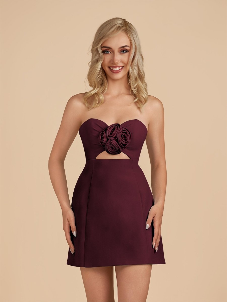 Kaida | Burgundy - Sheath Strapless Flowers Cutout Short Homecoming Dresses - KissProm