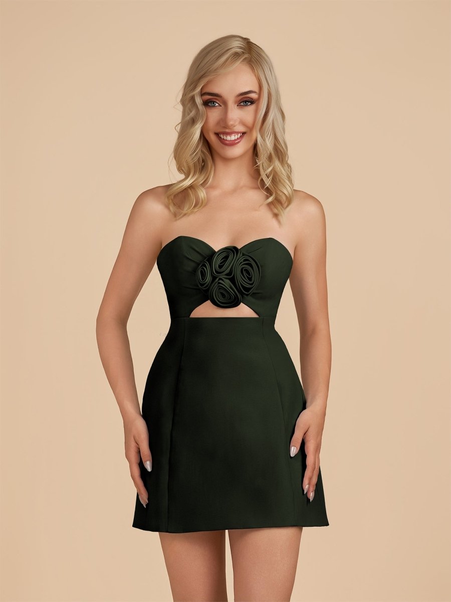Kaida | Dark Green - Sheath Strapless Flowers Cutout Short Homecoming Dresses - KissProm
