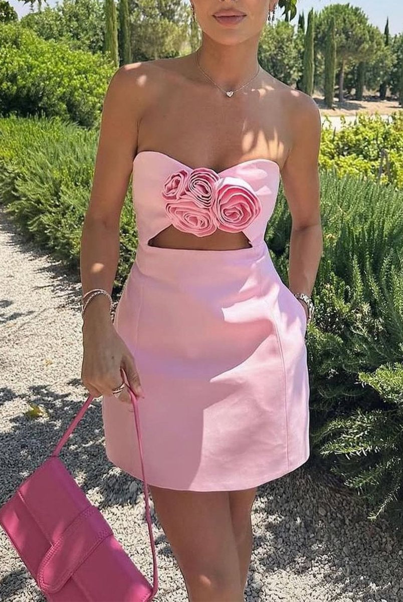 Kaida | Pink - Sheath Strapless Flowers Cutout Short Homecoming Dresses