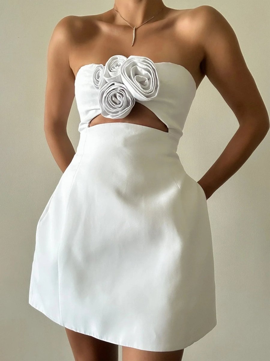 Kaida | Ivory - Sheath Strapless Flowers Cutout Short Homecoming Dresses