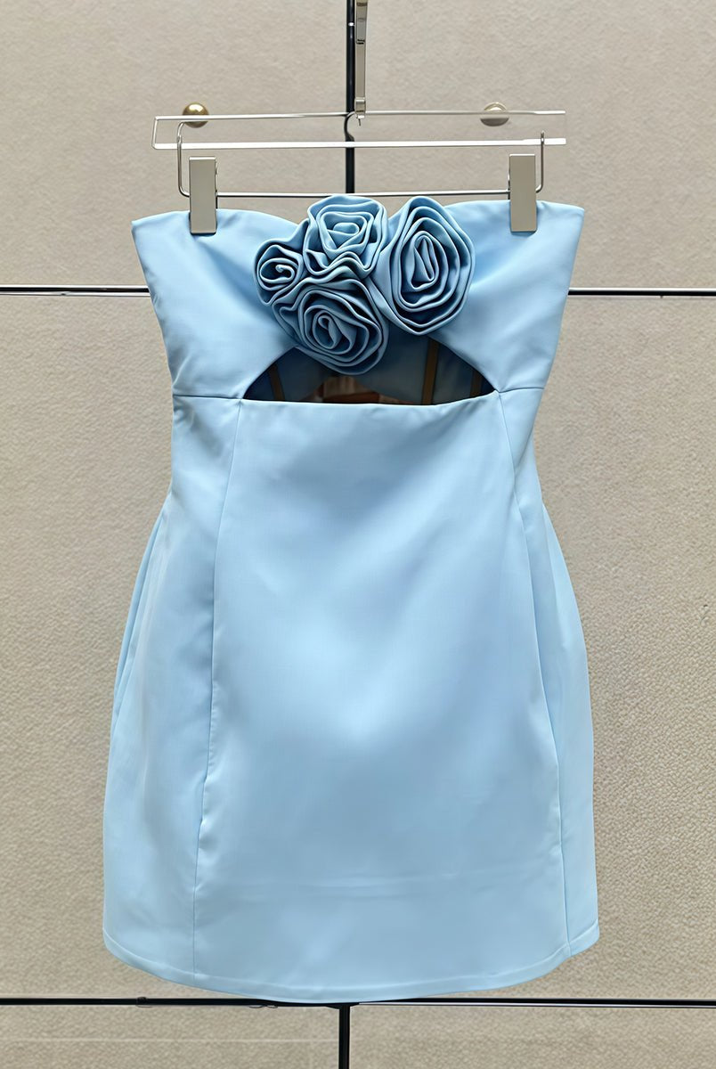 Kaida | Sky Blue - Sheath Strapless Flowers Cutout Short Homecoming Dresses