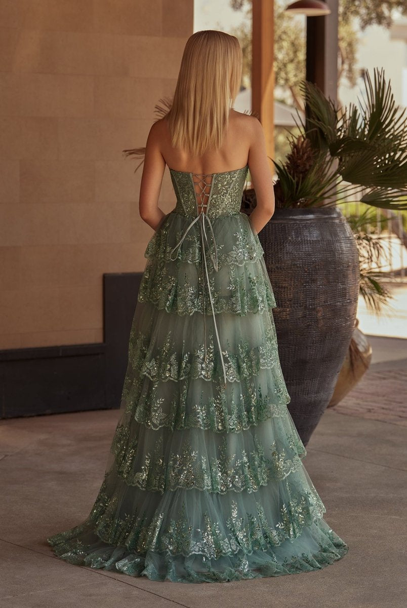 Kaisa | Sky Blue A Line Strapless Ruffle Sequin Lace Prom Dresses - KissProm