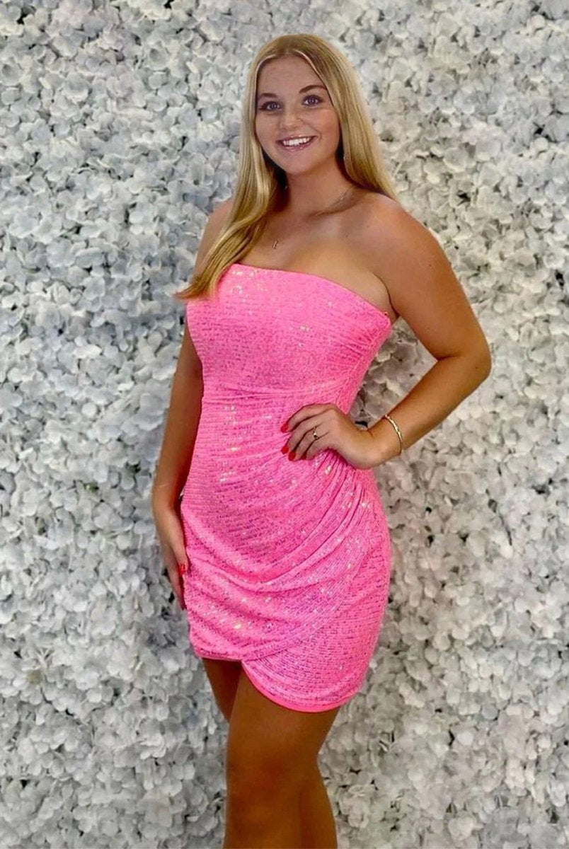 Kaisley | Hot Pink - Bodycon Strapless Sequins Tight Homecoming Dresses