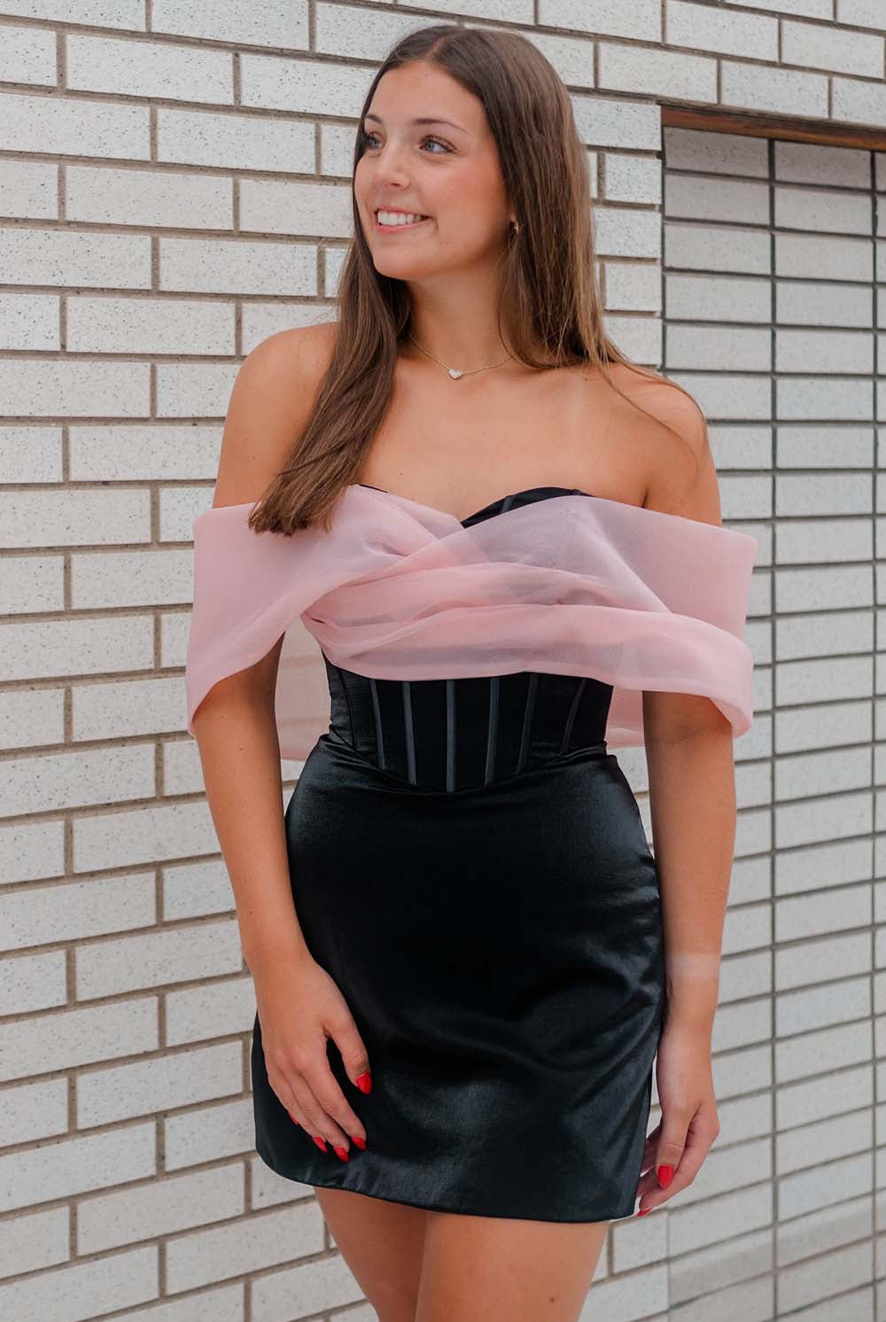 Kalei | Black - Off The Shoulder Satin Homecoming Dress With Corset Bodice