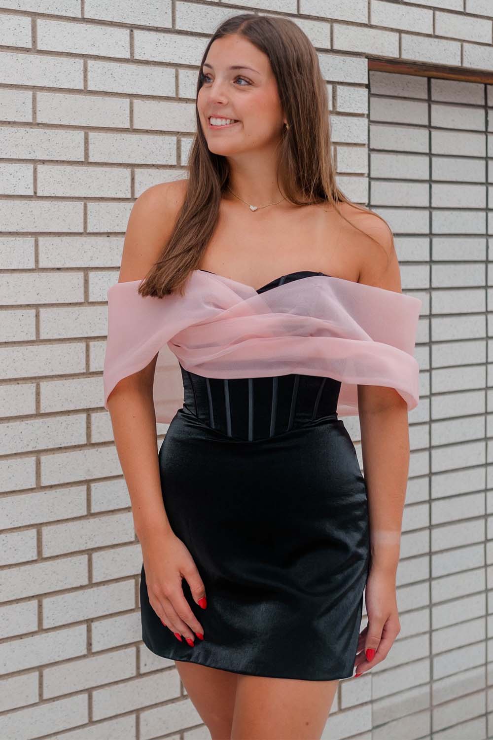 Kalei | Black - Off The Shoulder Satin Homecoming Dress With Corset Bodice
