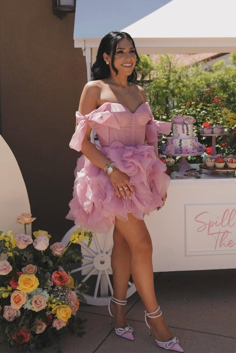 Kalindi | Rose Pink - A Line Organza Ruffles Corset Homecoming Dresses with Bow Straps