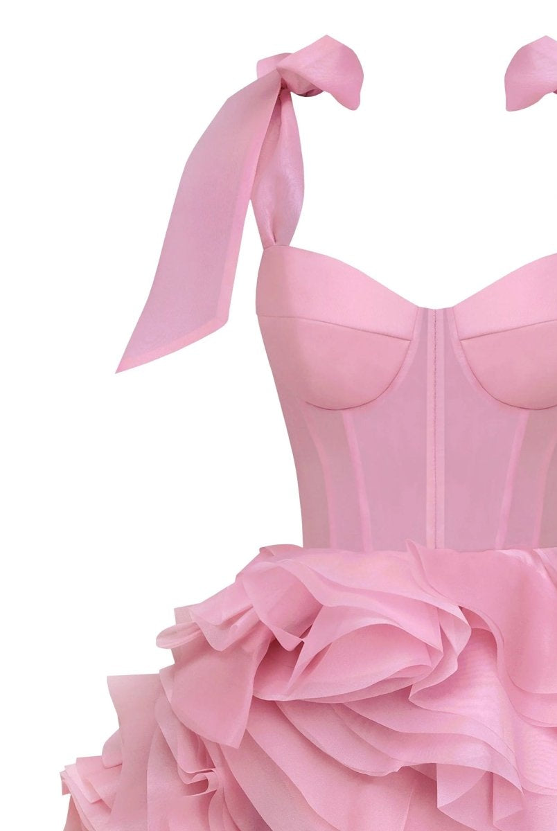 Kalindi | Rose Pink - A Line Organza Ruffles Corset Homecoming Dresses with Bow Straps