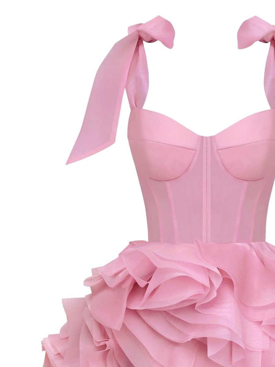 Kalindi | Rose Pink - A Line Organza Ruffles Corset Homecoming Dresses with Bow Straps