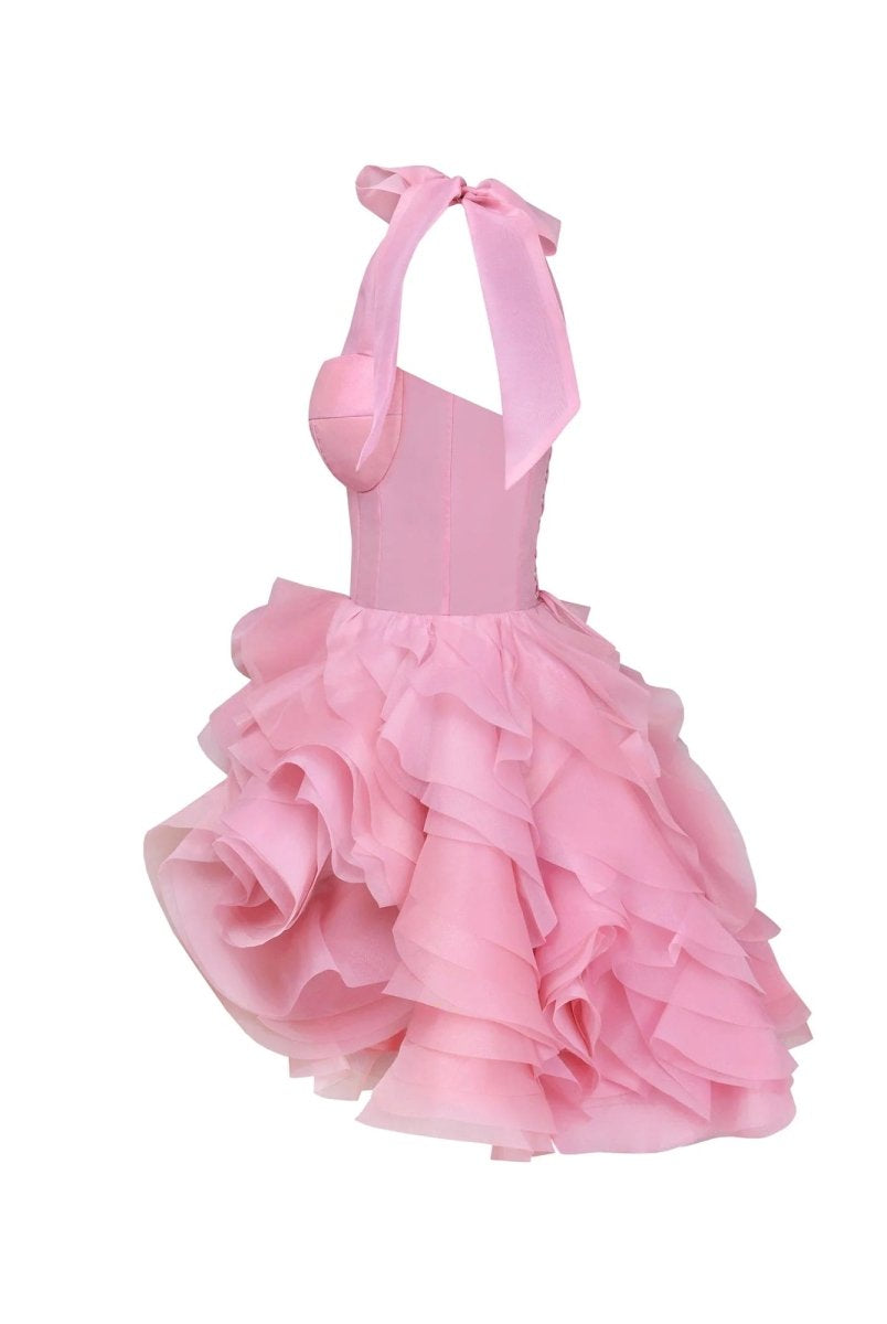 Kalindi | Rose Pink - A Line Organza Ruffles Corset Homecoming Dresses with Bow Straps