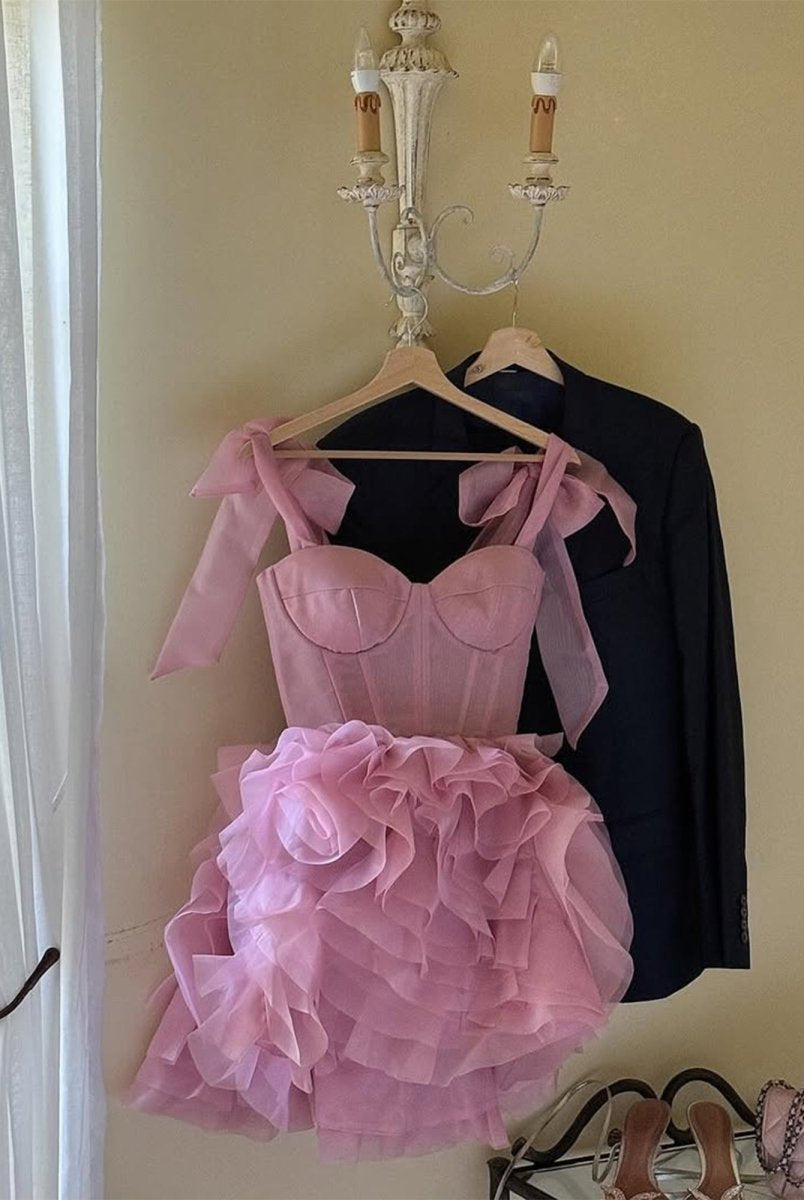 Kalindi | Rose Pink - A Line Organza Ruffles Corset Homecoming Dresses with Bow Straps