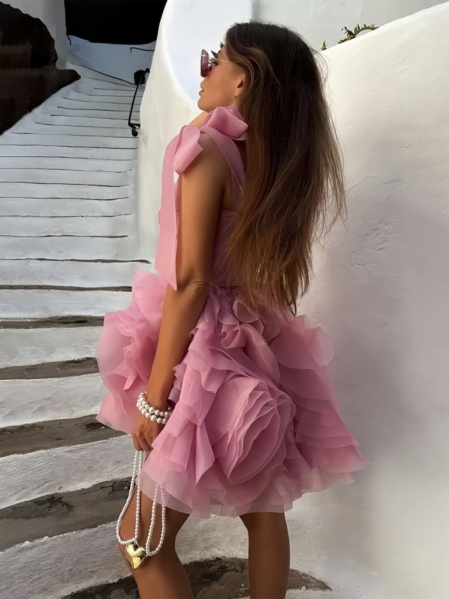 Kalindi | Rose Pink - A Line Organza Ruffles Corset Homecoming Dresses with Bow Straps