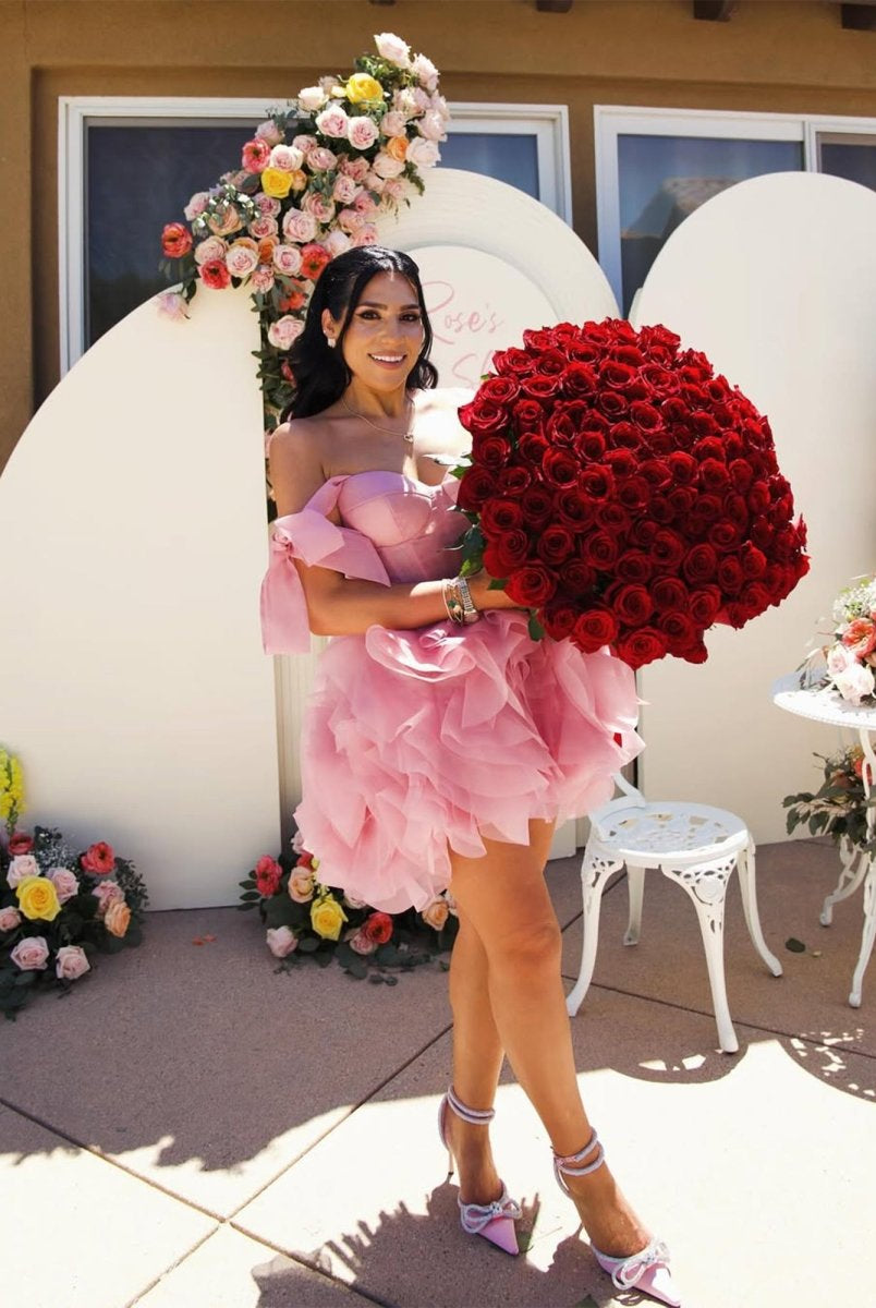 Kalindi | Rose Pink - A Line Organza Ruffles Corset Homecoming Dresses with Bow Straps