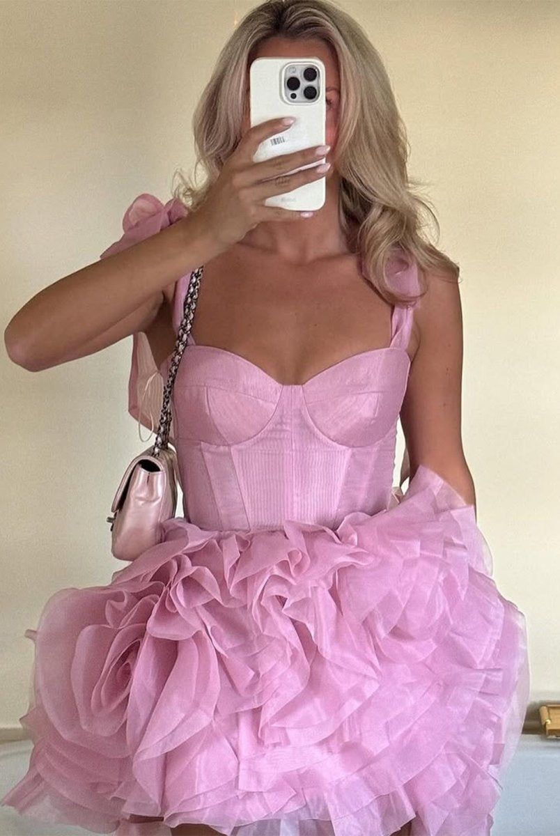 Kalindi | Rose Pink - A Line Organza Ruffles Corset Homecoming Dresses with Bow Straps