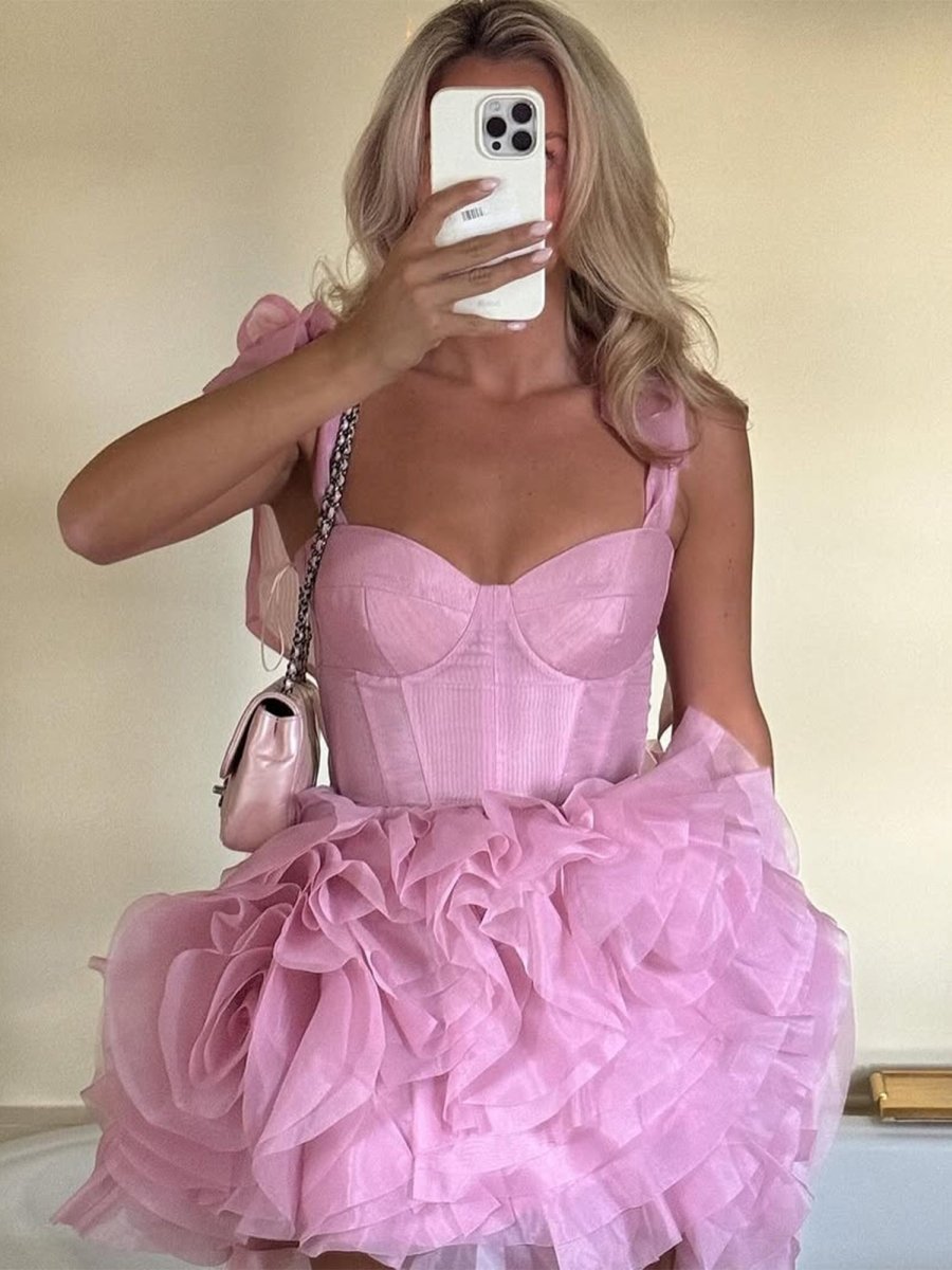Kalindi | Rose Pink - A Line Organza Ruffles Corset Homecoming Dresses with Bow Straps