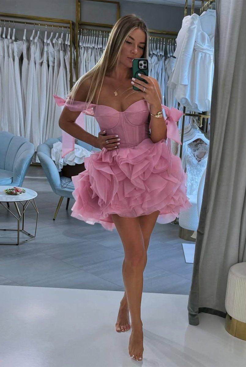 Kalindi | Rose Pink - A Line Organza Ruffles Corset Homecoming Dresses with Bow Straps