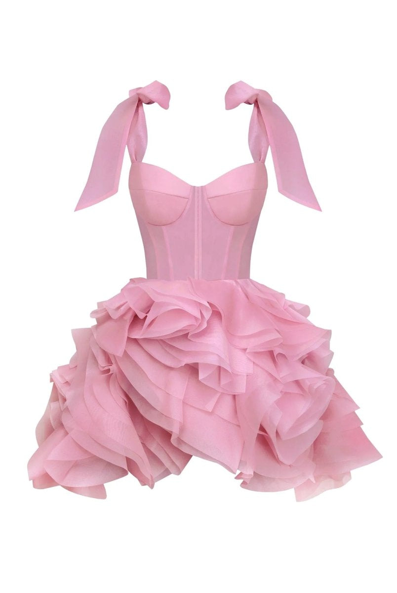 Kalindi | Rose Pink - A Line Organza Ruffles Corset Homecoming Dresses with Bow Straps