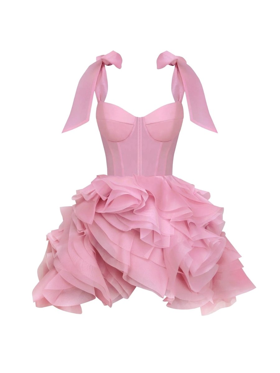 Kalindi | Rose Pink - A Line Organza Ruffles Corset Homecoming Dresses with Bow Straps