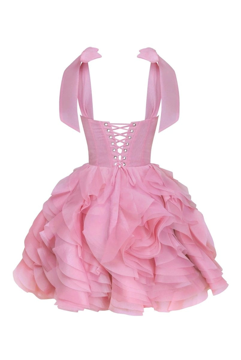 Kalindi | Rose Pink - A Line Organza Ruffles Corset Homecoming Dresses with Bow Straps