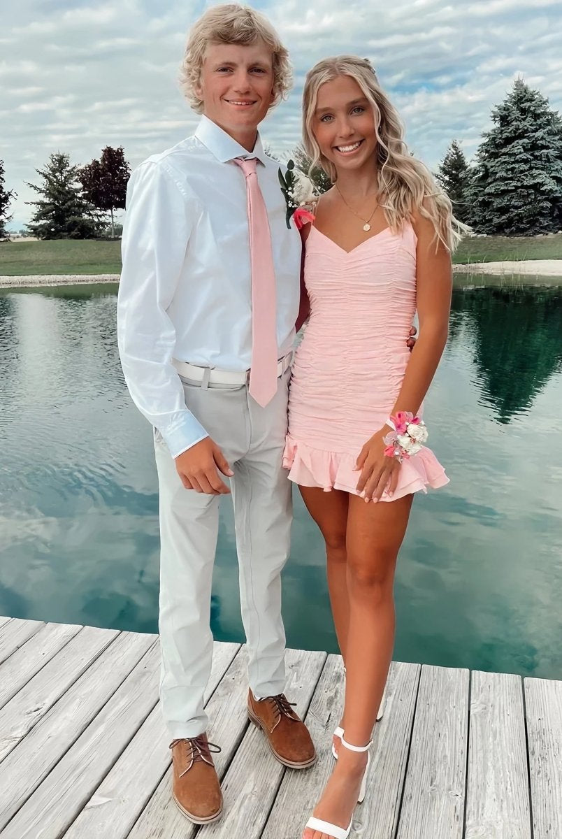 Kani | Pink - Spaghetti Straps Sheath Satin Pleated Homecoming Dress With Ruffles