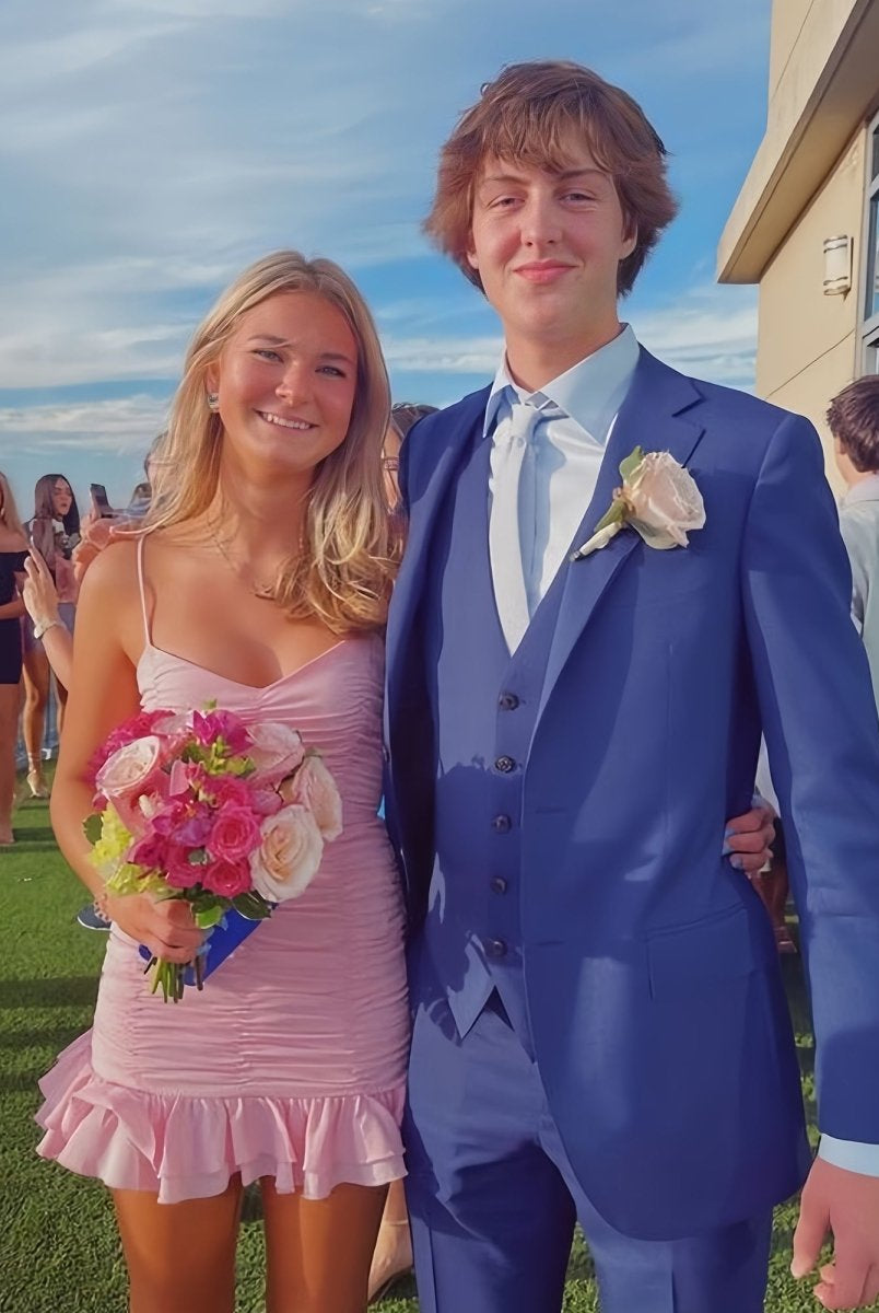 Kani | Pink - Spaghetti Straps Sheath Satin Pleated Homecoming Dress With Ruffles