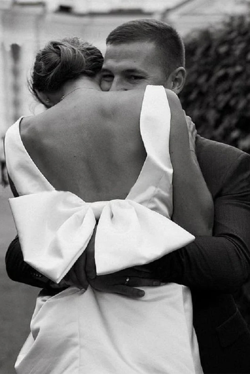 Karelia | A - Line Satin V - Neck Short Wedding Dress with Large Bow - KissProm