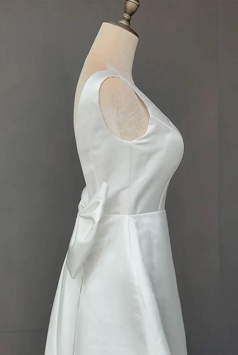 Karelia | A - Line Satin V - Neck Short Wedding Dress with Large Bow - KissProm