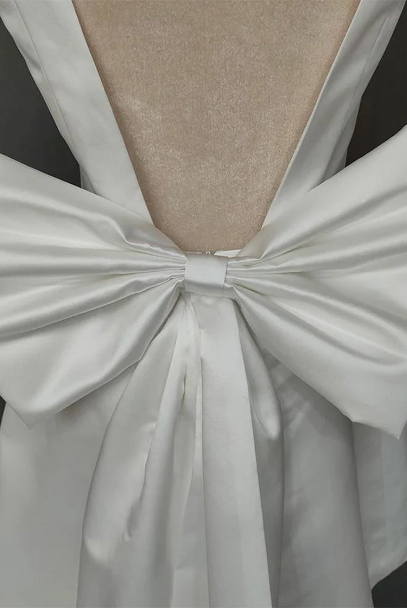 Karelia | A - Line Satin V - Neck Short Wedding Dress with Large Bow - KissProm