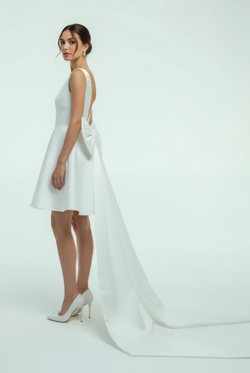 Karelia | A - Line Satin V - Neck Short Wedding Dress with Large Bow - KissProm