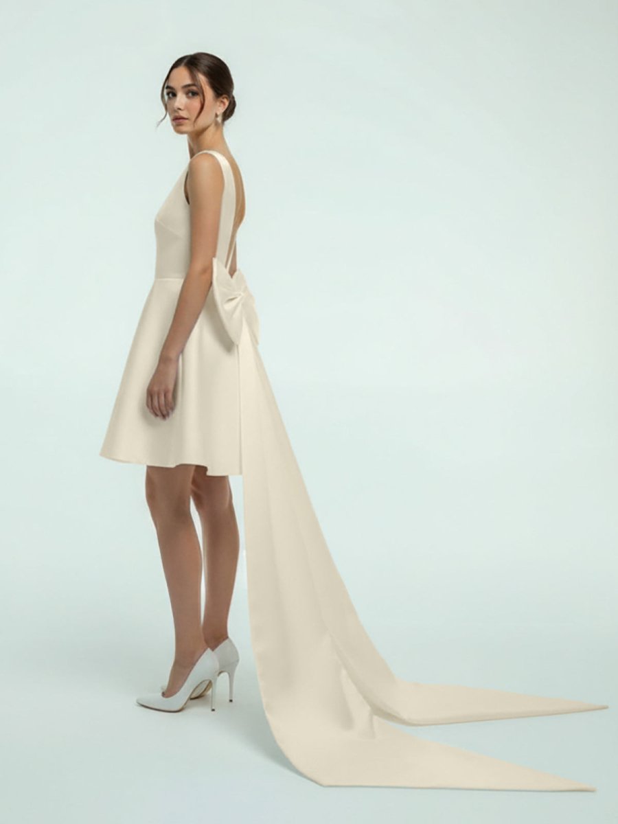 Karelia | A - Line Satin V - Neck Short Wedding Dress with Large Bow - KissProm