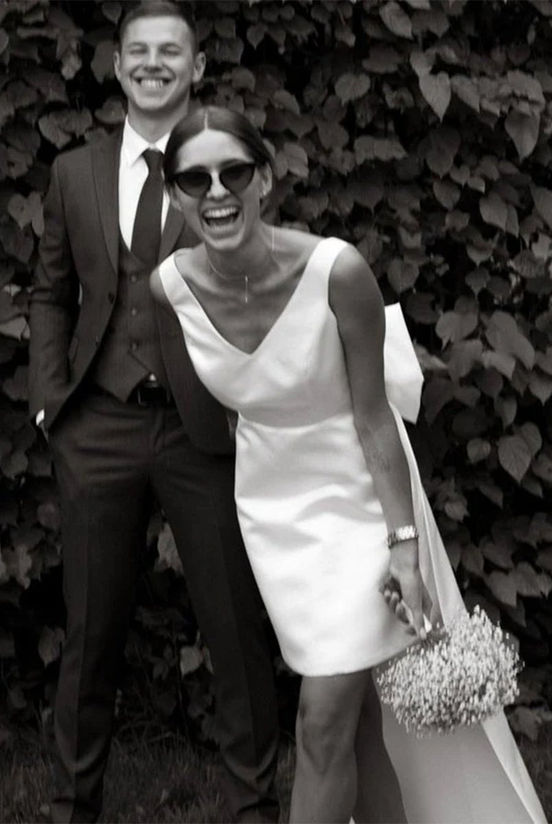 Karelia | A - Line Satin V - Neck Short Wedding Dress with Large Bow - KissProm