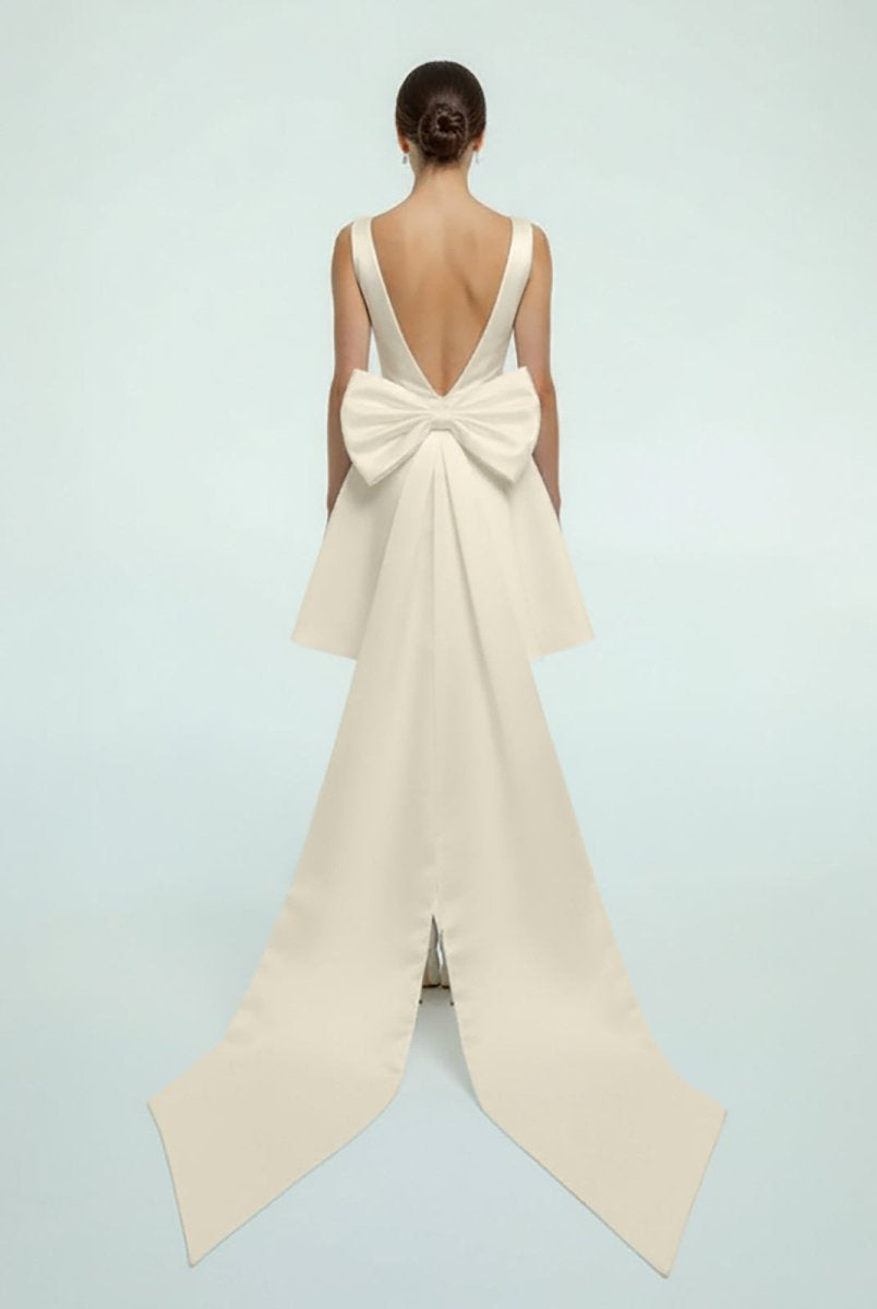 Karelia | A - Line Satin V - Neck Short Wedding Dress with Large Bow - KissProm